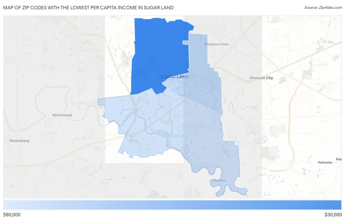 Zip Codes with the Lowest Per Capita Income in Sugar Land Map
