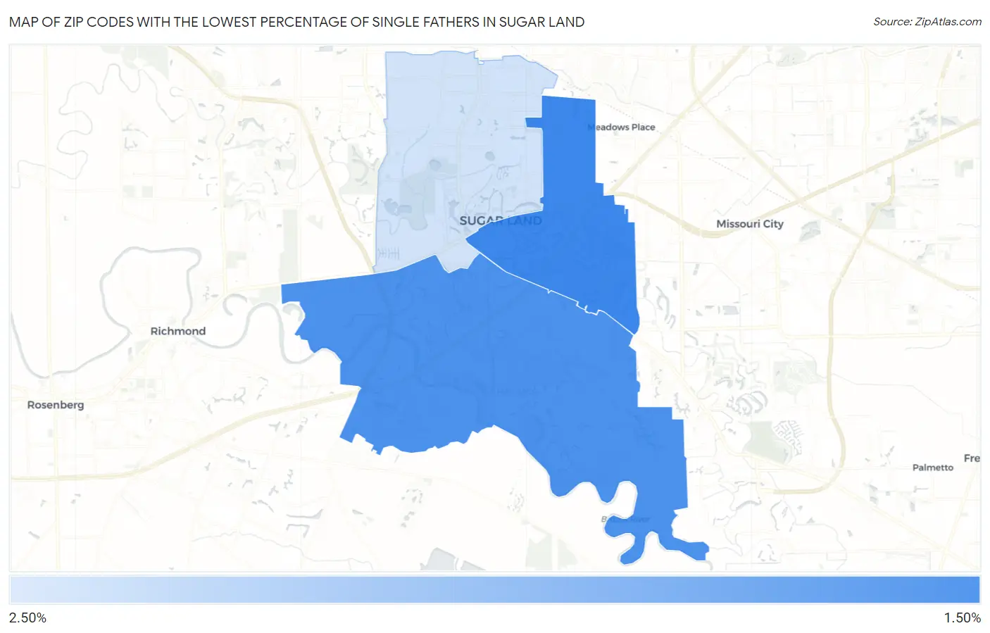 Zip Codes with the Lowest Percentage of Single Fathers in Sugar Land Map
