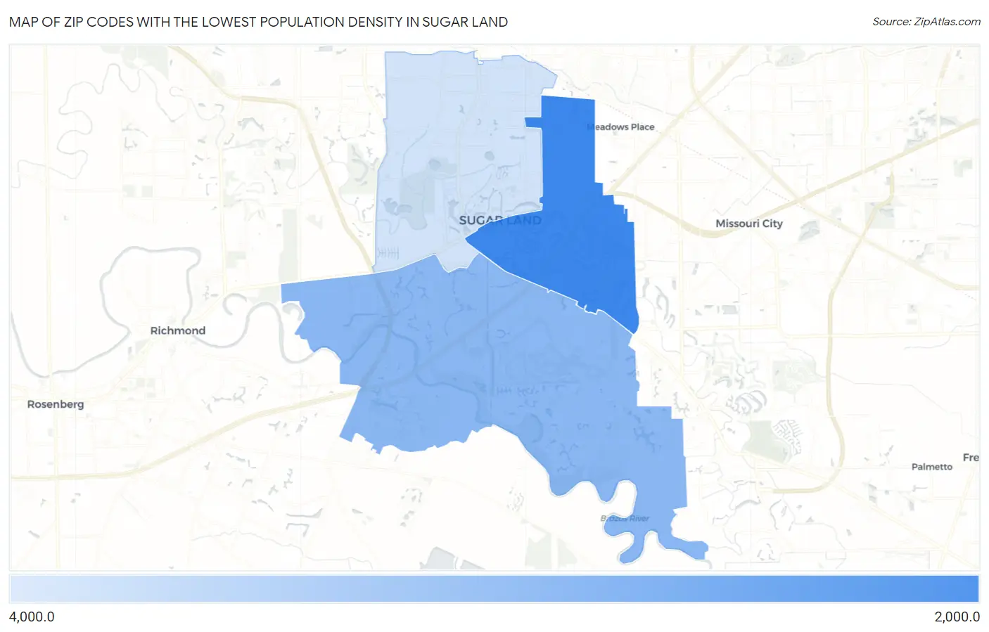 Zip Codes with the Lowest Population Density in Sugar Land Map