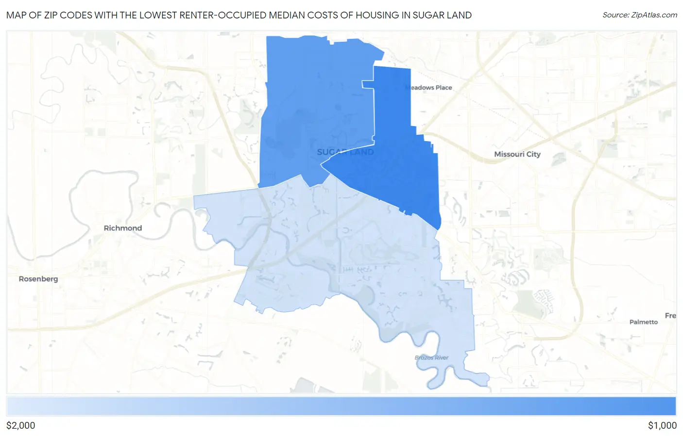 Zip Codes with the Lowest Renter-Occupied Median Costs of Housing in Sugar Land Map