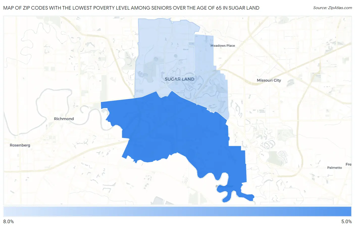 Zip Codes with the Lowest Poverty Level Among Seniors Over the Age of 65 in Sugar Land Map
