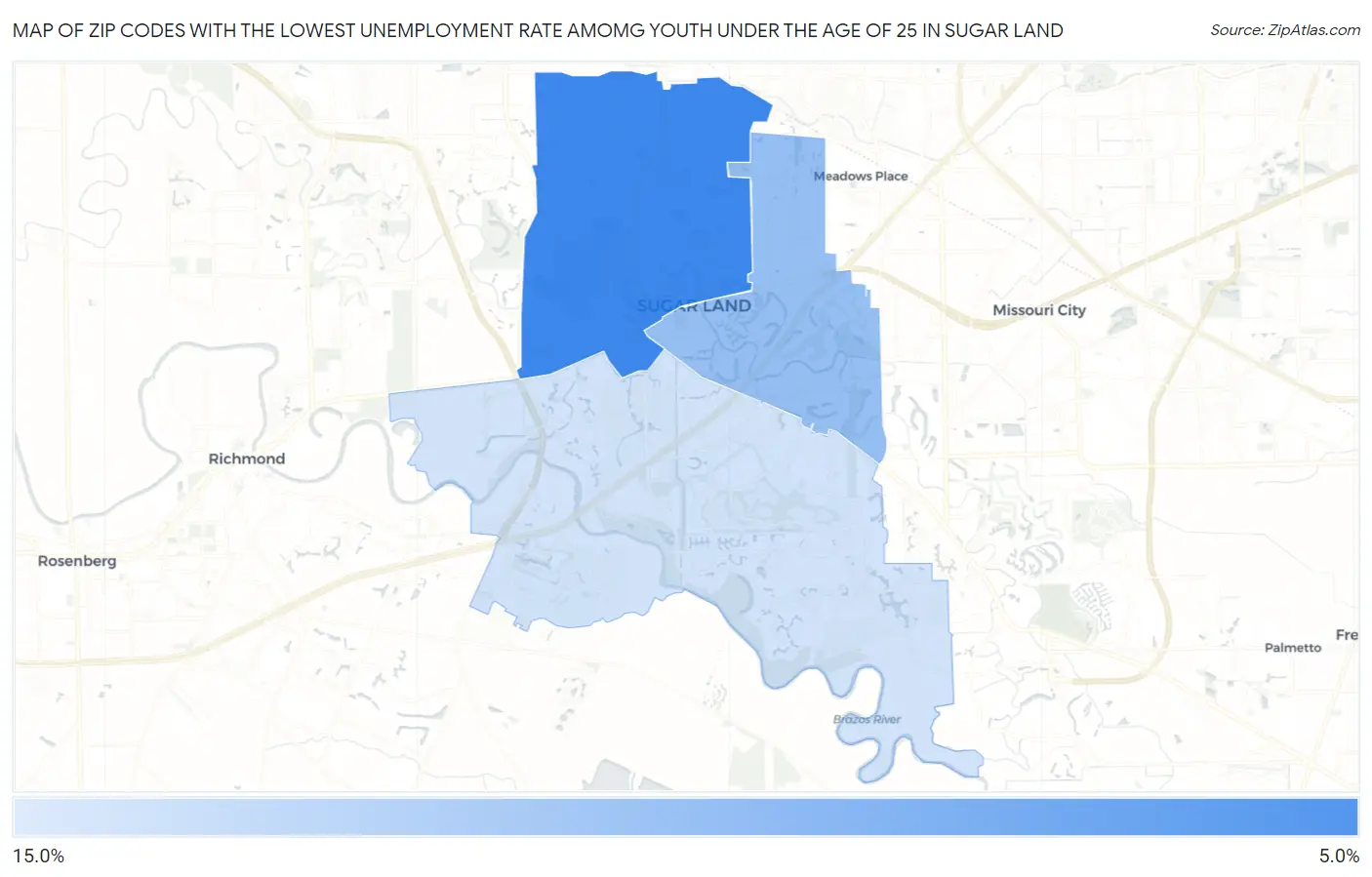 Zip Codes with the Lowest Unemployment Rate Amomg Youth Under the Age of 25 in Sugar Land Map