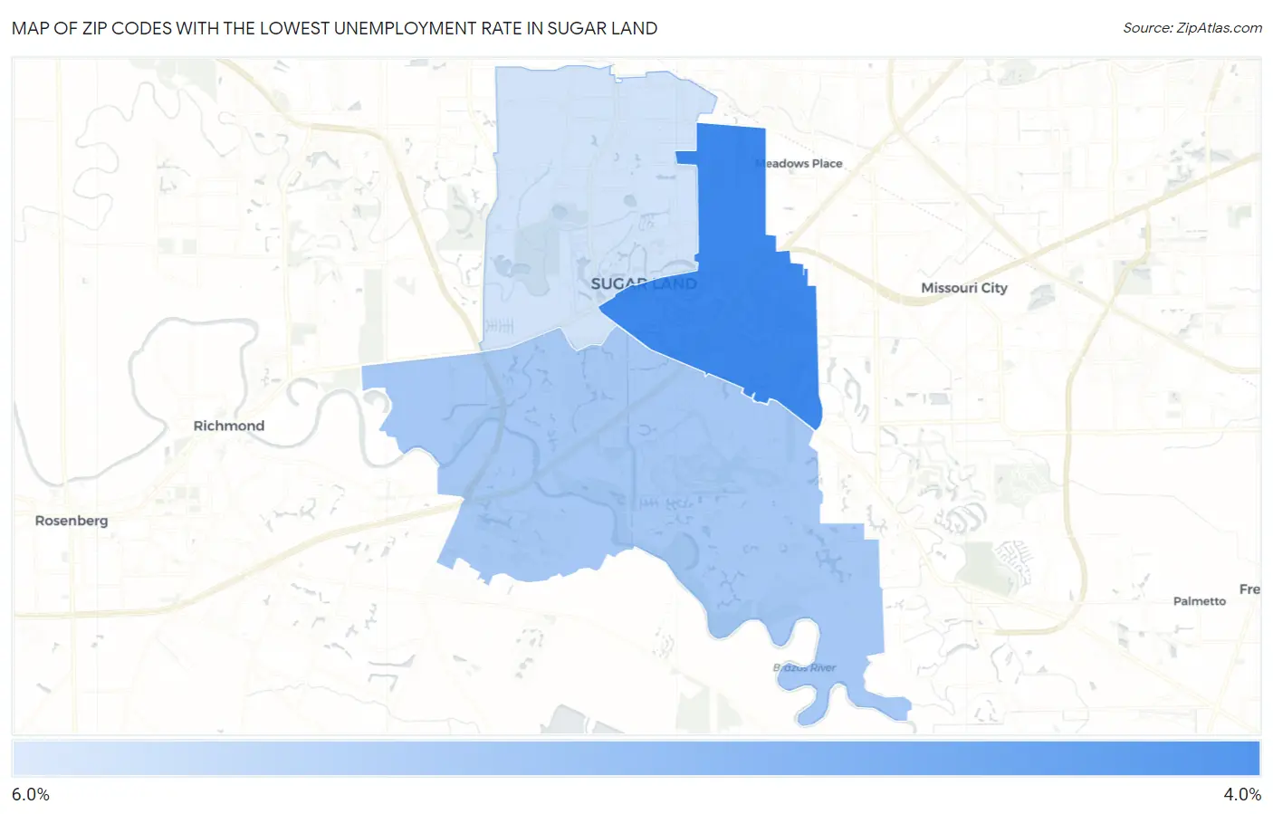 Zip Codes with the Lowest Unemployment Rate in Sugar Land Map