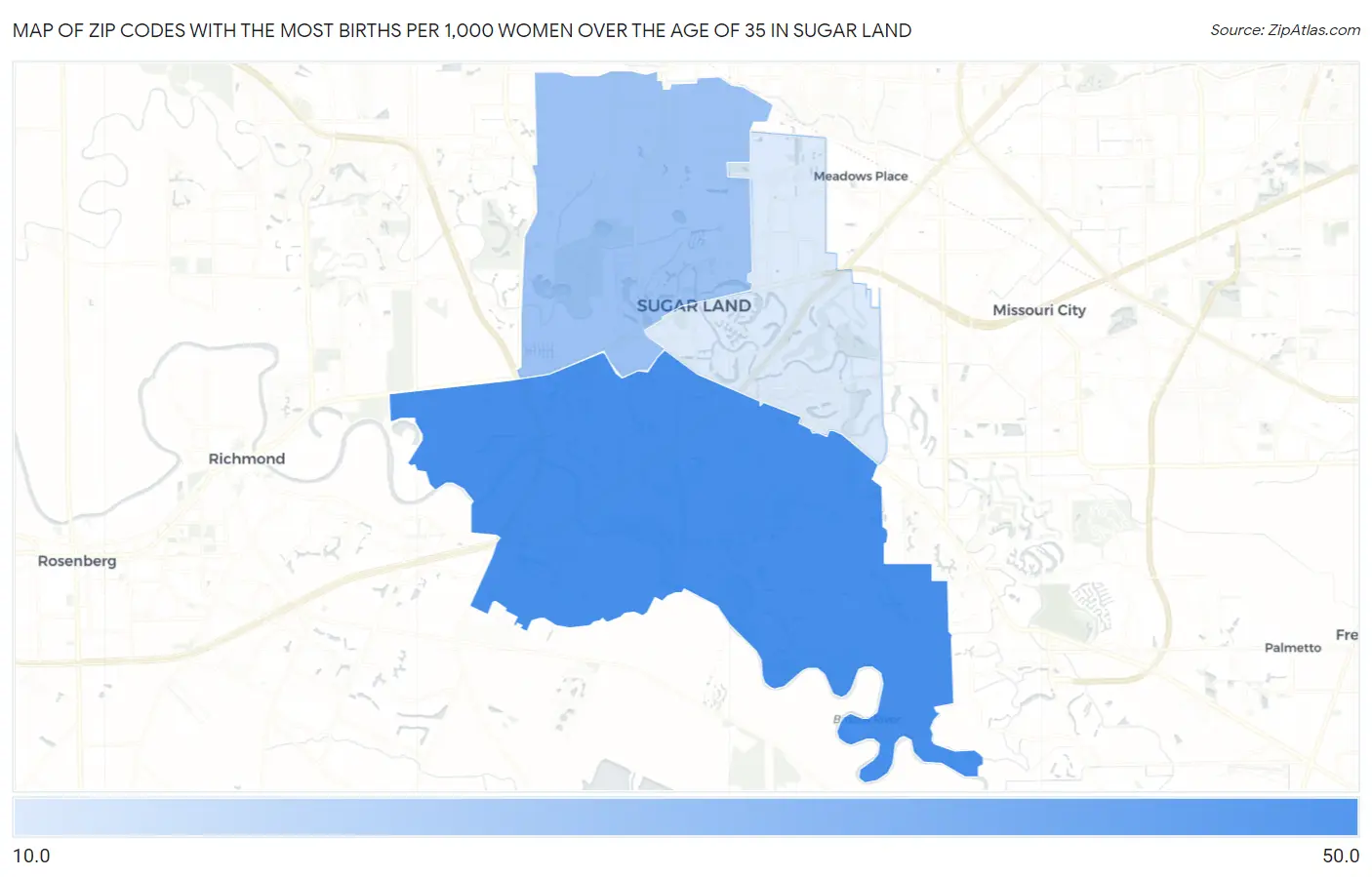 Zip Codes with the Most Births per 1,000 Women Over the Age of 35 in Sugar Land Map