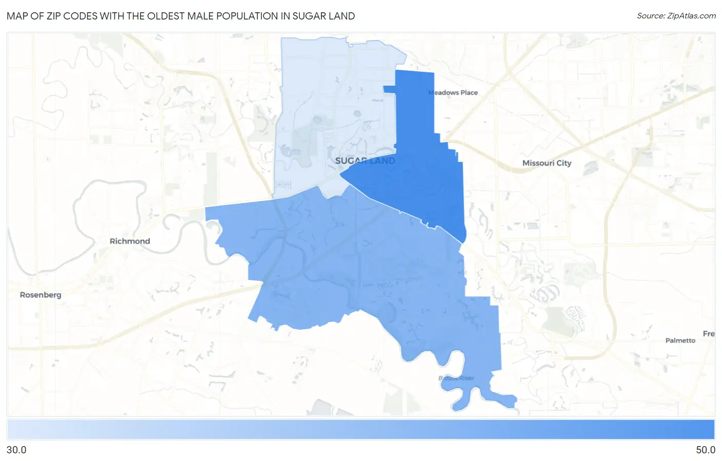 Zip Codes with the Oldest Male Population in Sugar Land Map