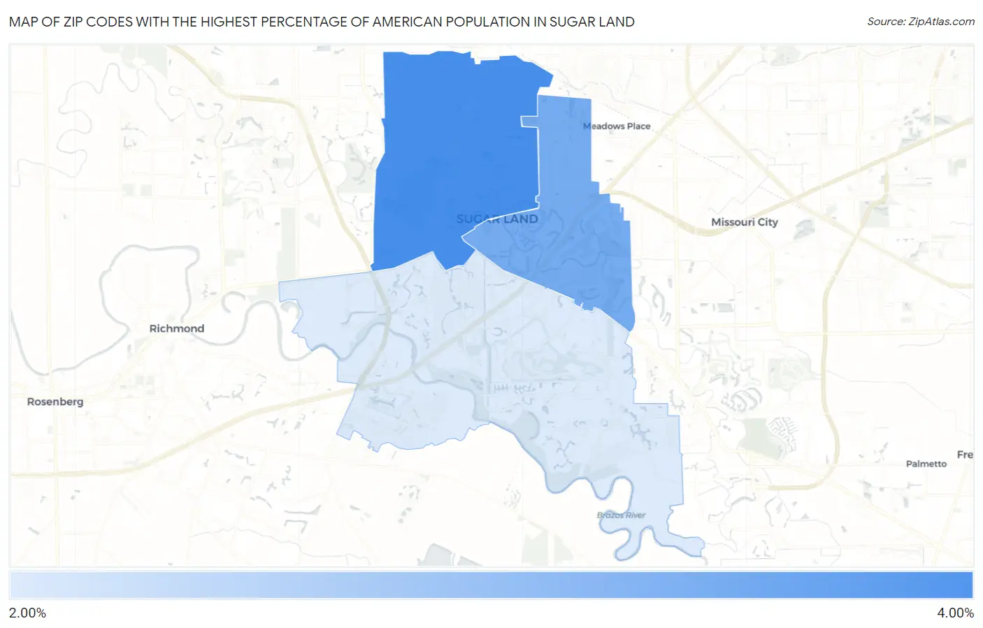 Zip Codes with the Highest Percentage of American Population in Sugar Land Map