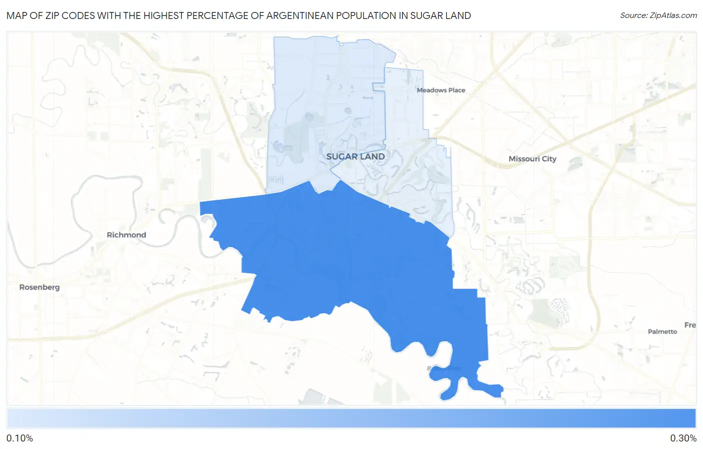 Zip Codes with the Highest Percentage of Argentinean Population in Sugar Land Map