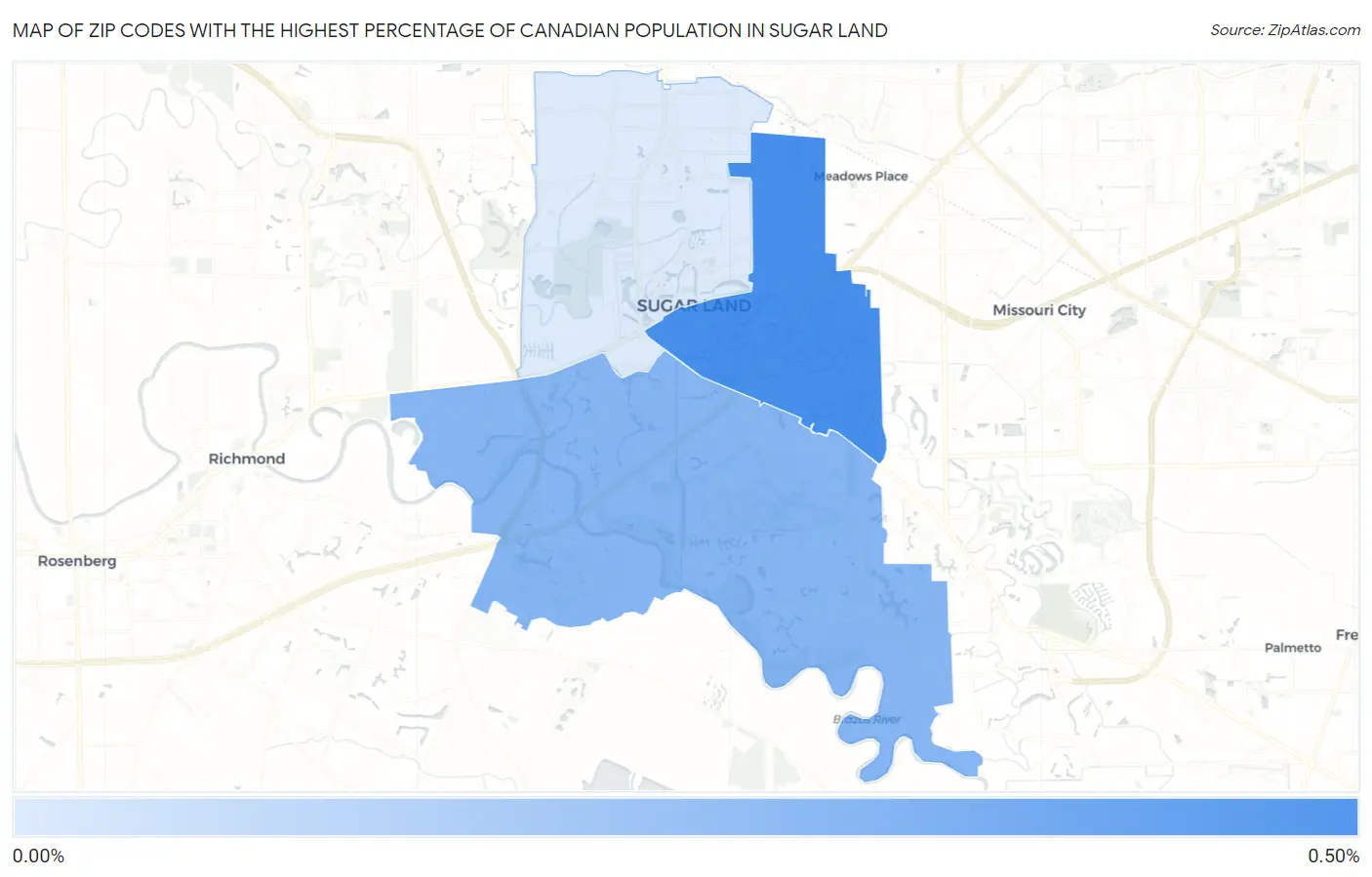 Zip Codes with the Highest Percentage of Canadian Population in Sugar Land Map