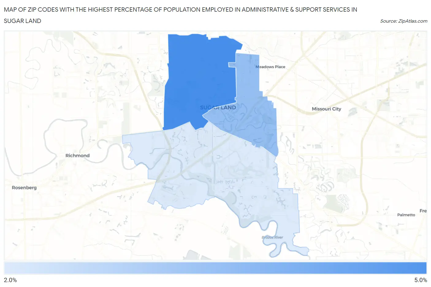 Zip Codes with the Highest Percentage of Population Employed in Administrative & Support Services in Sugar Land Map