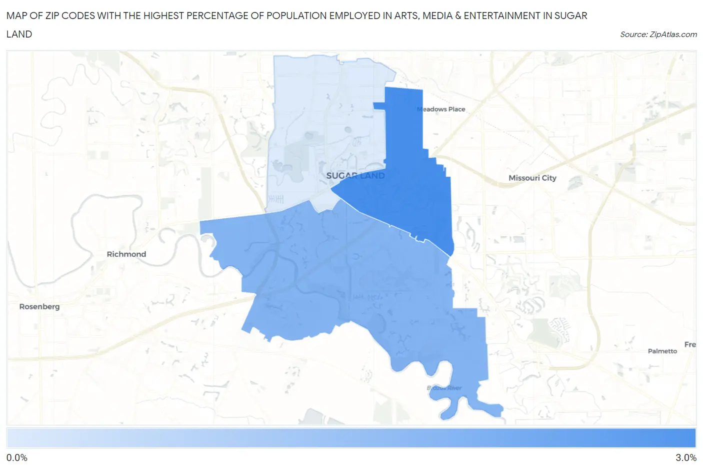 Zip Codes with the Highest Percentage of Population Employed in Arts, Media & Entertainment in Sugar Land Map