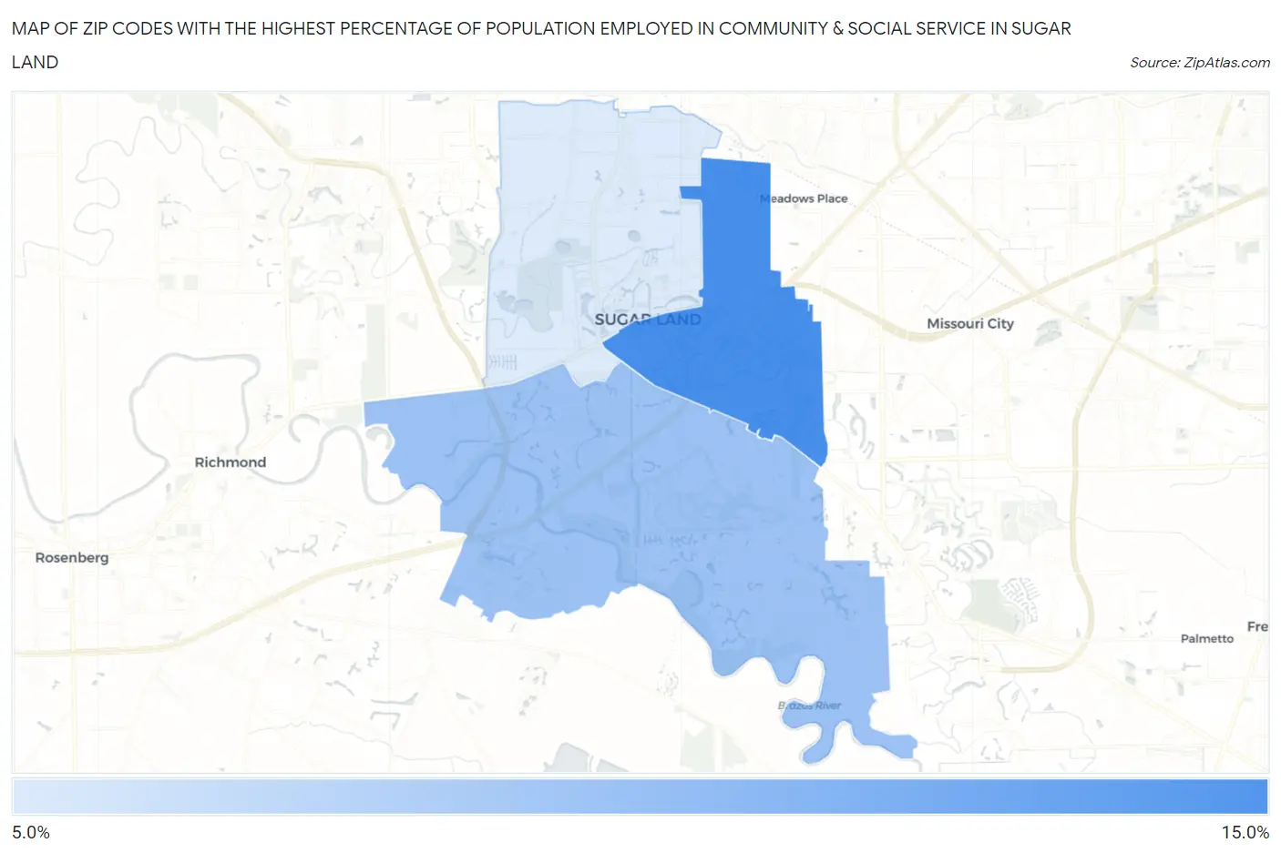 Zip Codes with the Highest Percentage of Population Employed in Community & Social Service  in Sugar Land Map