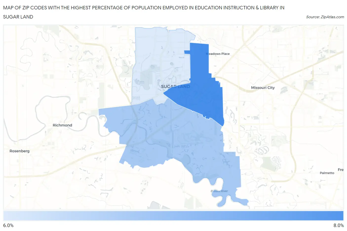 Zip Codes with the Highest Percentage of Population Employed in Education Instruction & Library in Sugar Land Map
