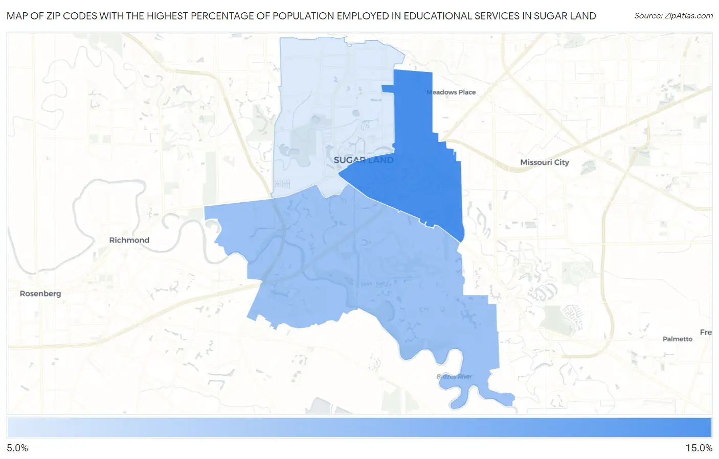 Zip Codes with the Highest Percentage of Population Employed in Educational Services in Sugar Land Map