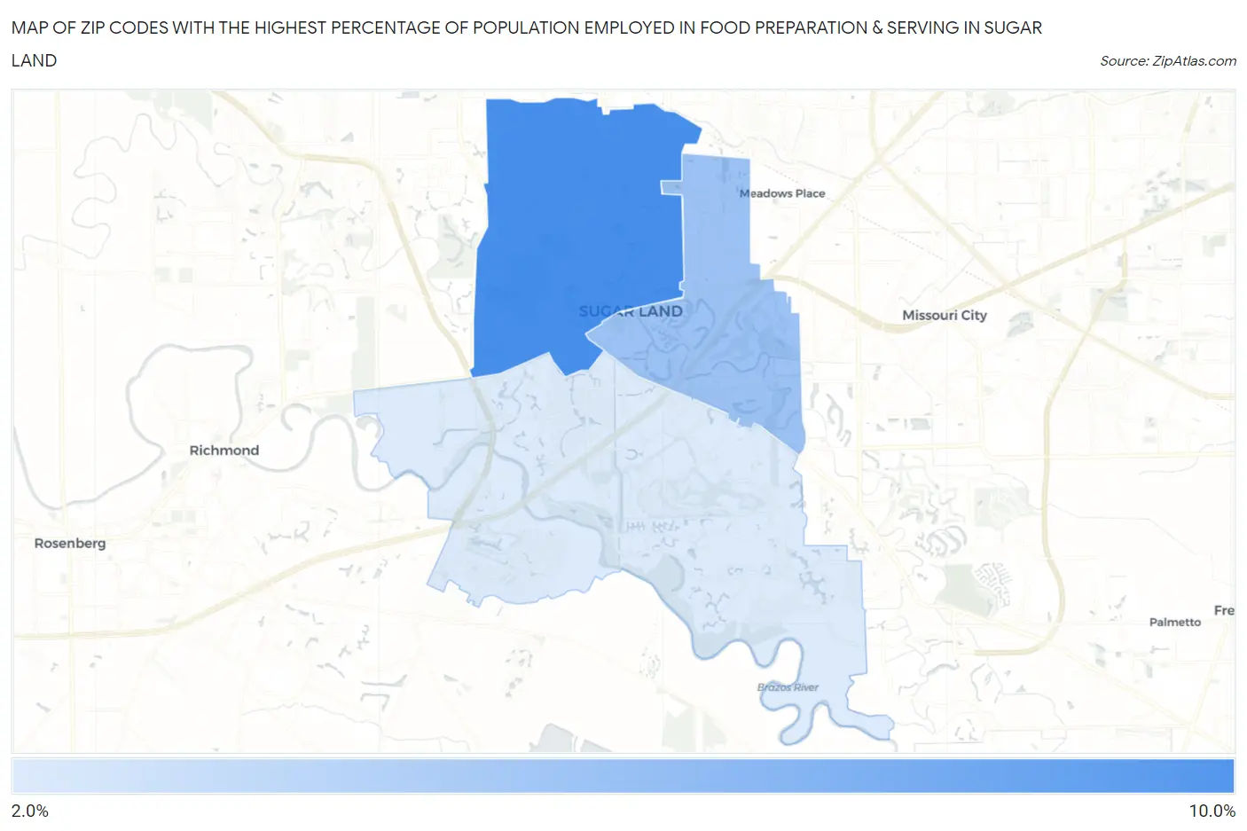 Zip Codes with the Highest Percentage of Population Employed in Food Preparation & Serving in Sugar Land Map