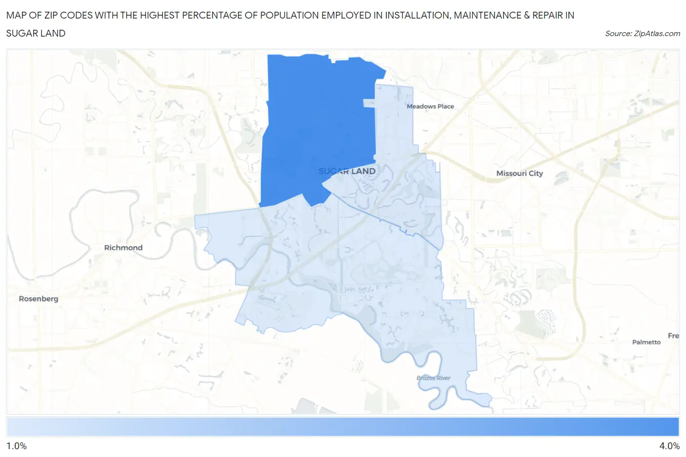 Zip Codes with the Highest Percentage of Population Employed in Installation, Maintenance & Repair in Sugar Land Map