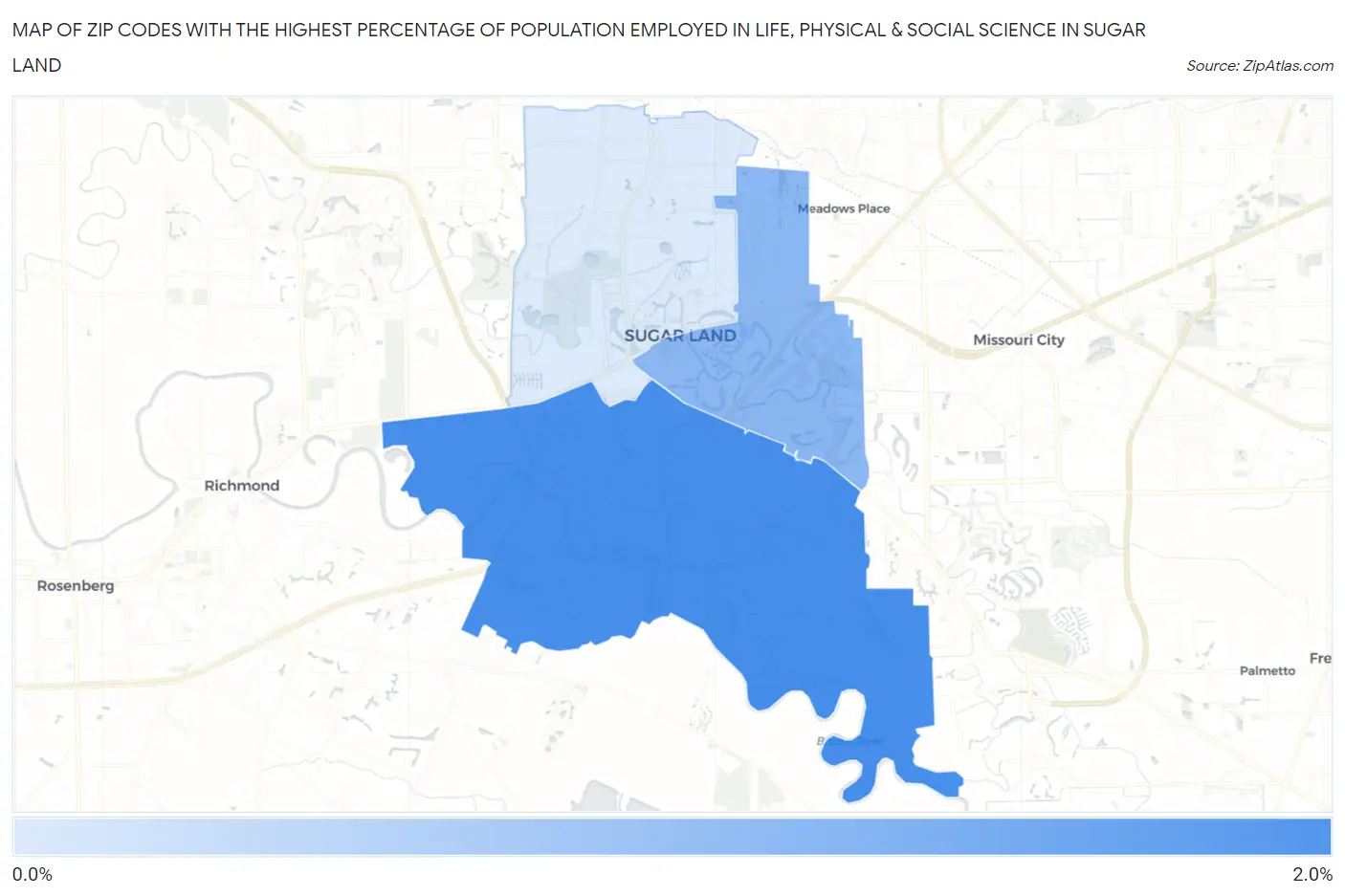 Zip Codes with the Highest Percentage of Population Employed in Life, Physical & Social Science in Sugar Land Map