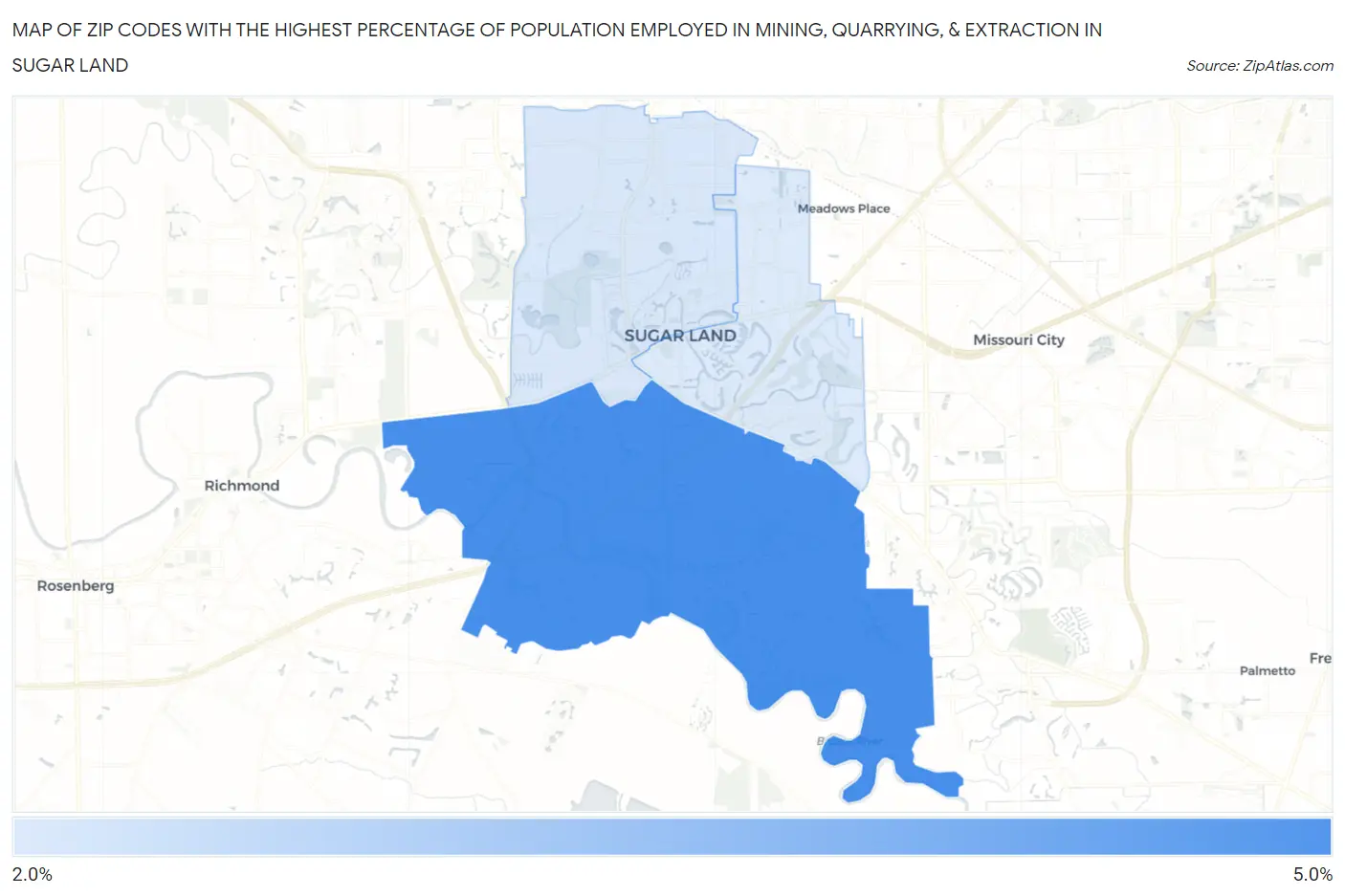 Zip Codes with the Highest Percentage of Population Employed in Mining, Quarrying, & Extraction in Sugar Land Map