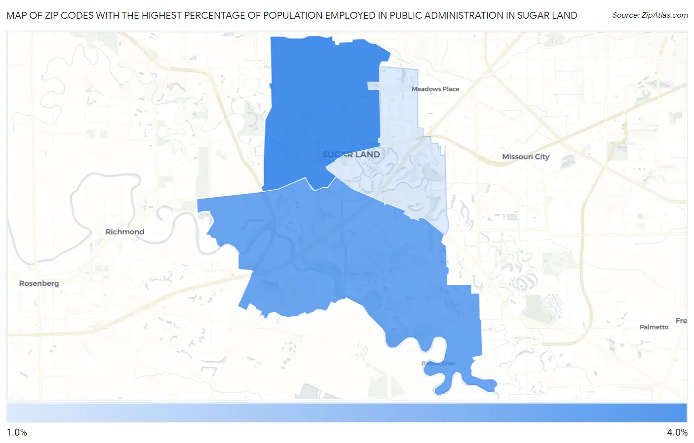 Zip Codes with the Highest Percentage of Population Employed in Public Administration in Sugar Land Map