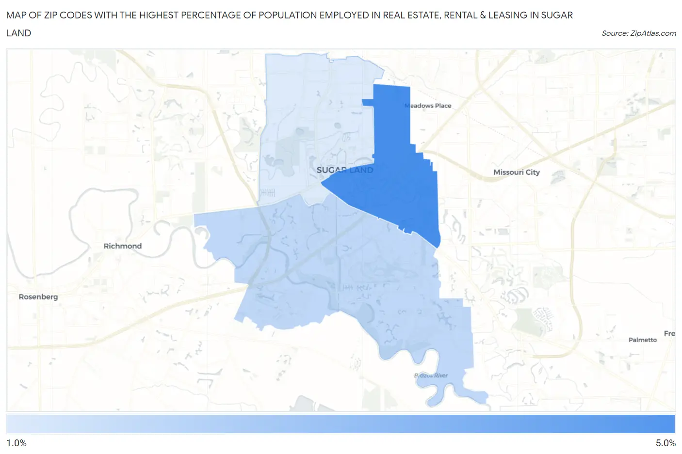 Zip Codes with the Highest Percentage of Population Employed in Real Estate, Rental & Leasing in Sugar Land Map