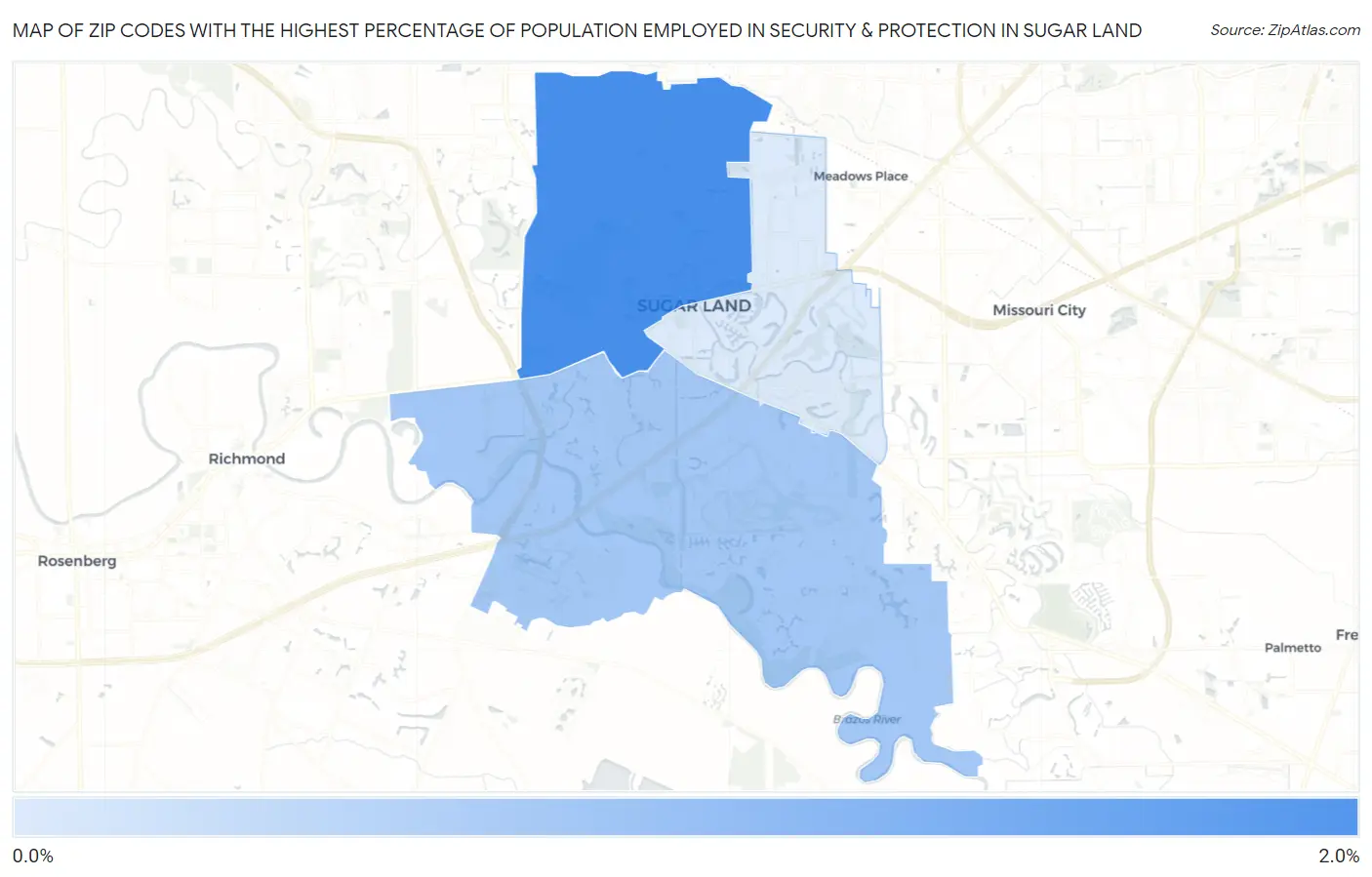 Zip Codes with the Highest Percentage of Population Employed in Security & Protection in Sugar Land Map