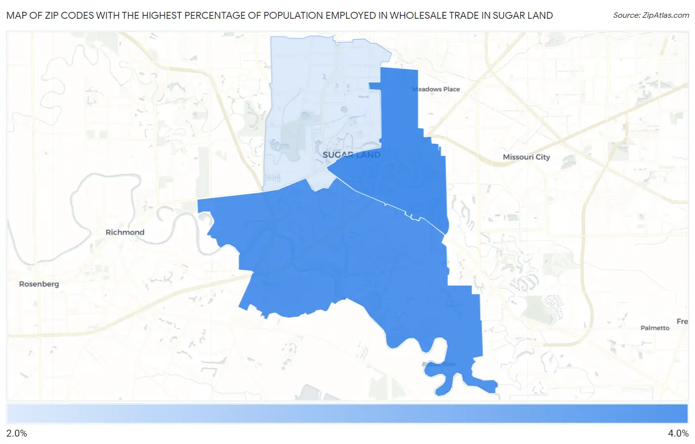 Zip Codes with the Highest Percentage of Population Employed in Wholesale Trade in Sugar Land Map