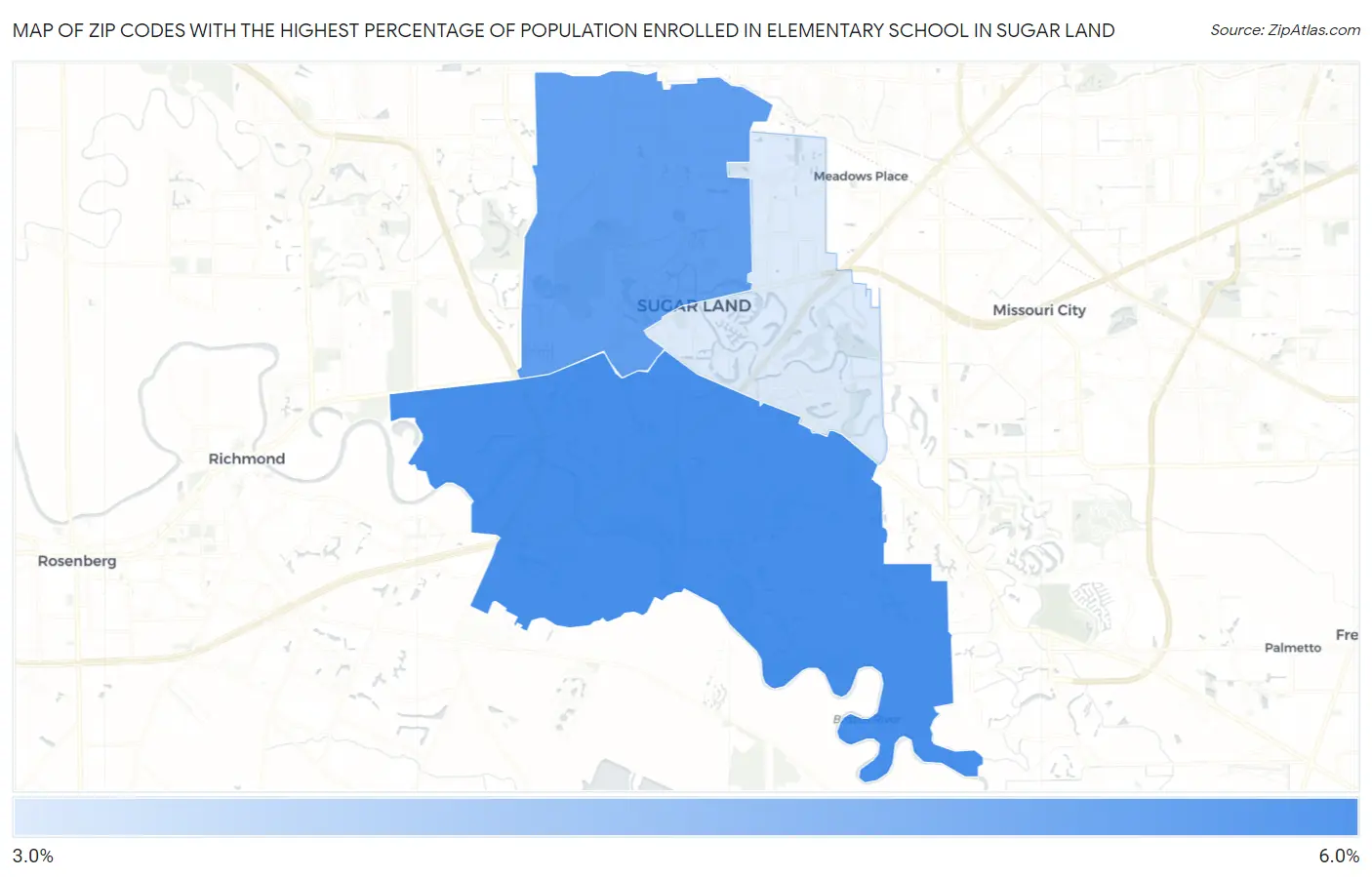 Zip Codes with the Highest Percentage of Population Enrolled in Elementary School in Sugar Land Map