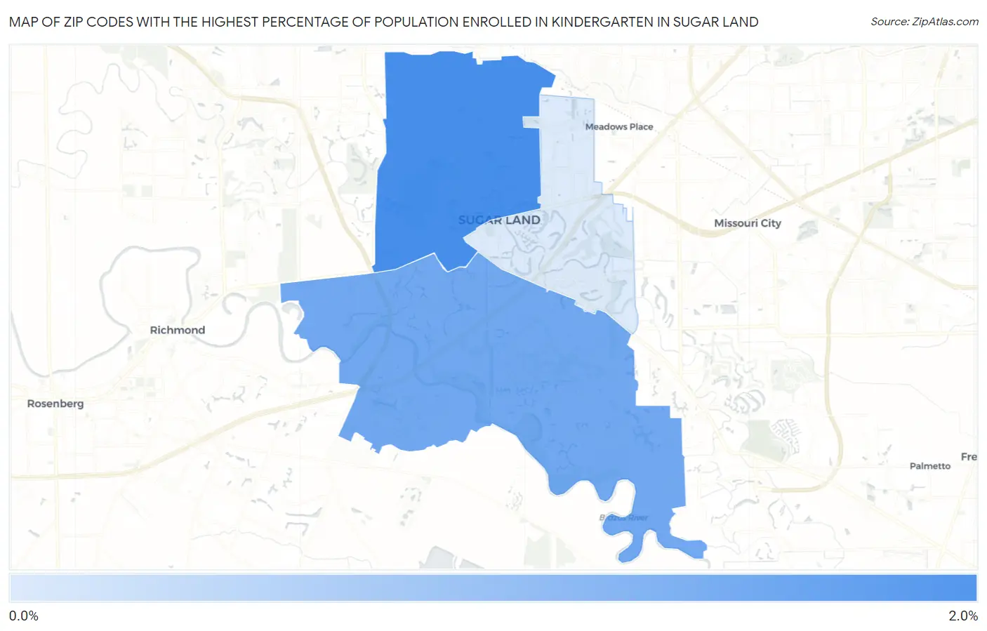 Zip Codes with the Highest Percentage of Population Enrolled in Kindergarten in Sugar Land Map