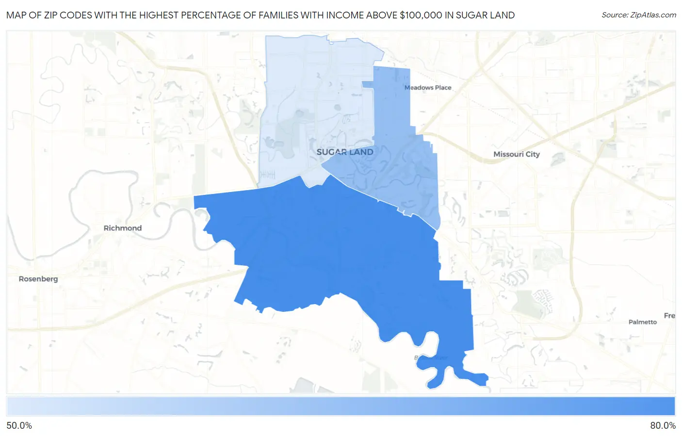 Zip Codes with the Highest Percentage of Families with Income Above $100,000 in Sugar Land Map