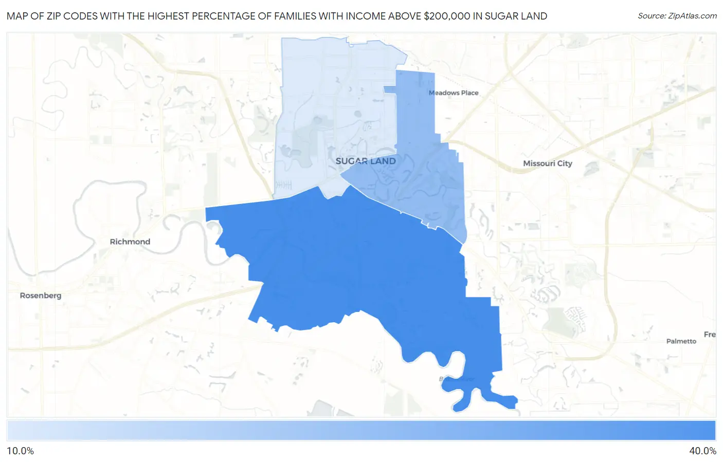 Zip Codes with the Highest Percentage of Families with Income Above $200,000 in Sugar Land Map