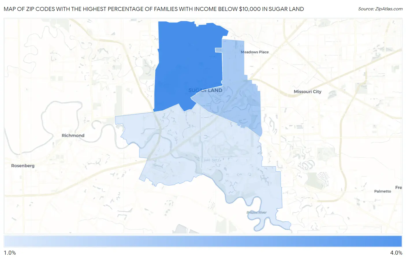 Zip Codes with the Highest Percentage of Families with Income Below $10,000 in Sugar Land Map
