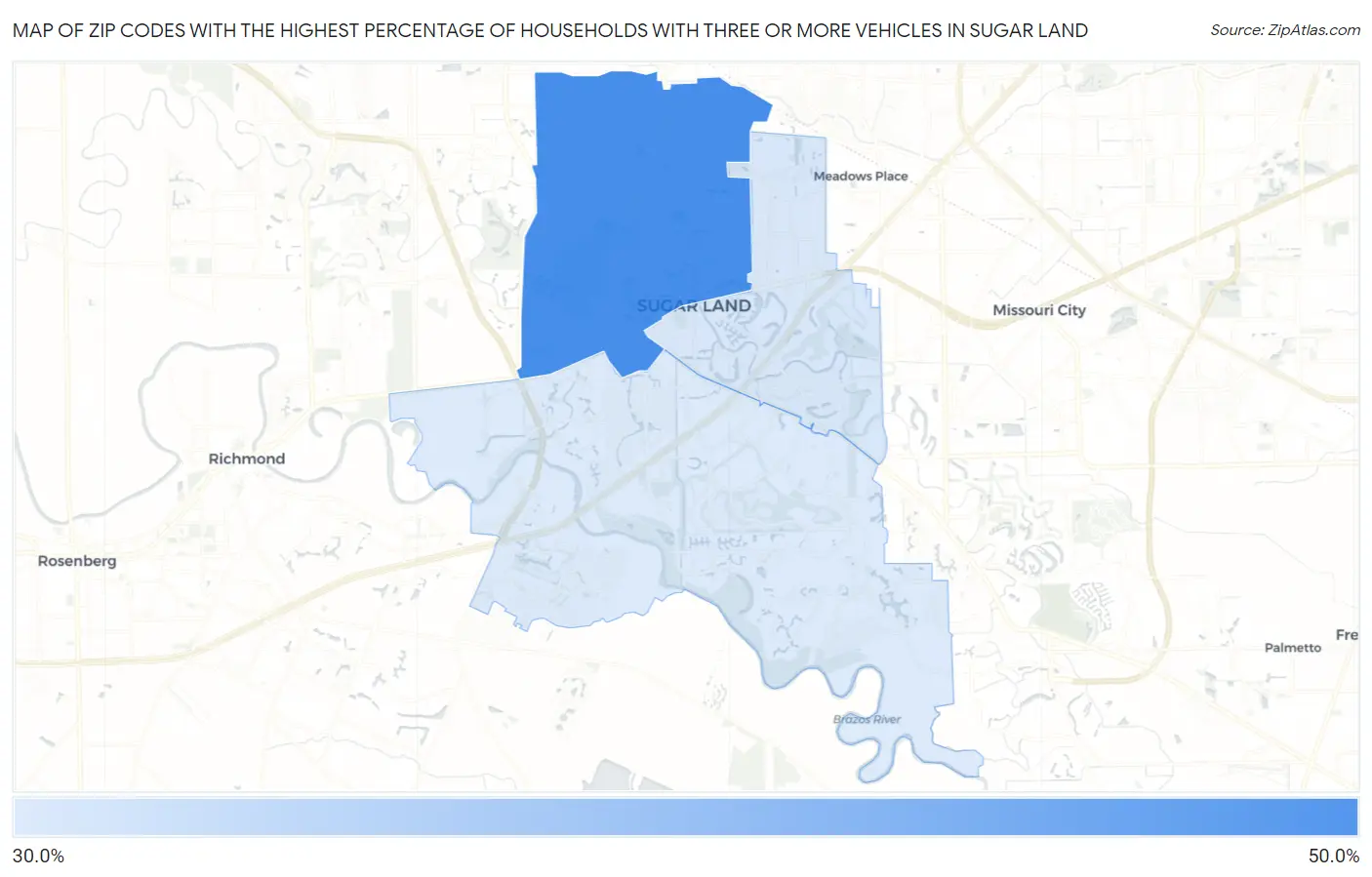 Zip Codes with the Highest Percentage of Households With Three or more Vehicles in Sugar Land Map