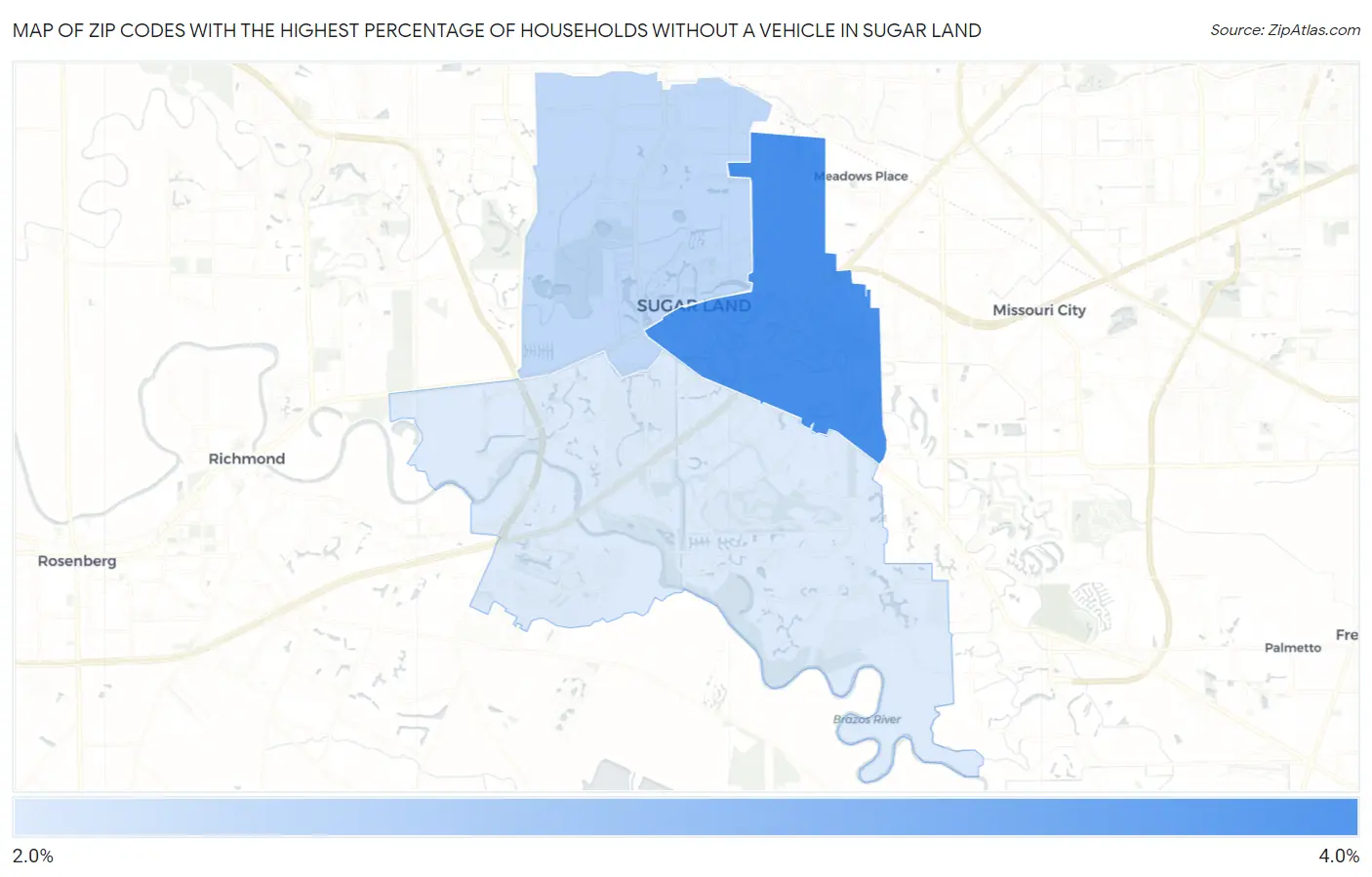 Zip Codes with the Highest Percentage of Households Without a Vehicle in Sugar Land Map