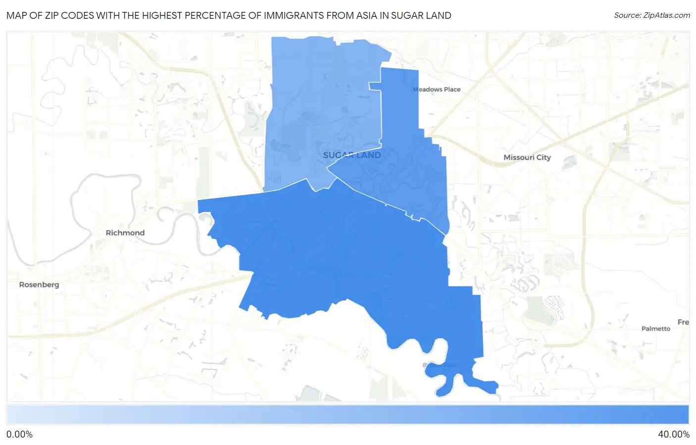 Zip Codes with the Highest Percentage of Immigrants from Asia in Sugar Land Map