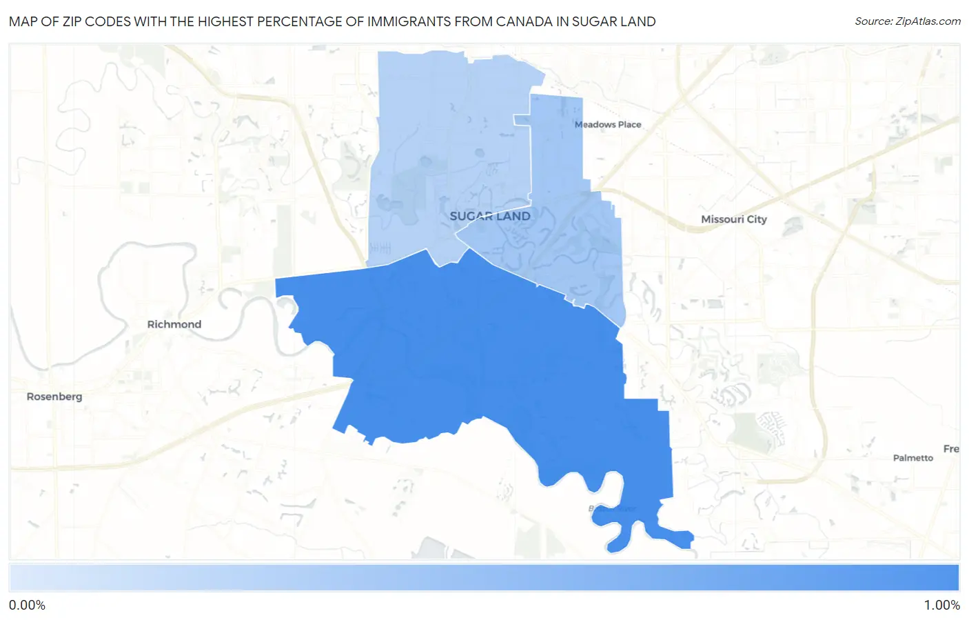 Zip Codes with the Highest Percentage of Immigrants from Canada in Sugar Land Map