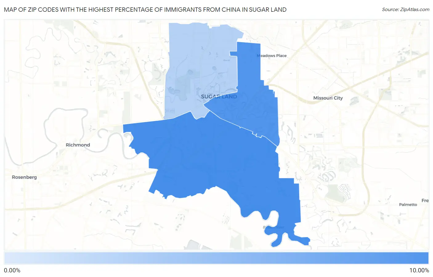 Zip Codes with the Highest Percentage of Immigrants from China in Sugar Land Map