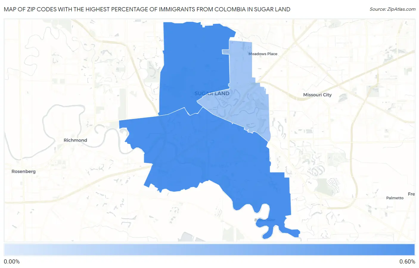 Zip Codes with the Highest Percentage of Immigrants from Colombia in Sugar Land Map