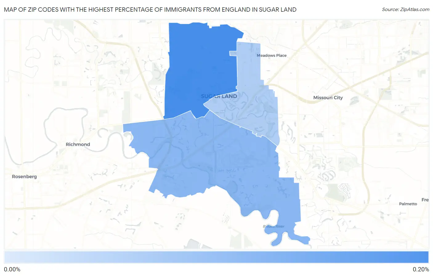 Zip Codes with the Highest Percentage of Immigrants from England in Sugar Land Map