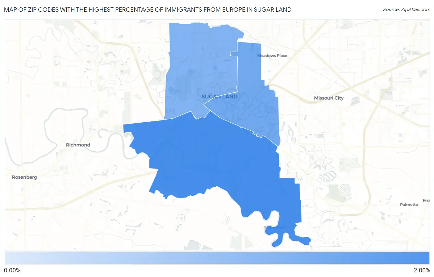 Zip Codes with the Highest Percentage of Immigrants from Europe in Sugar Land Map