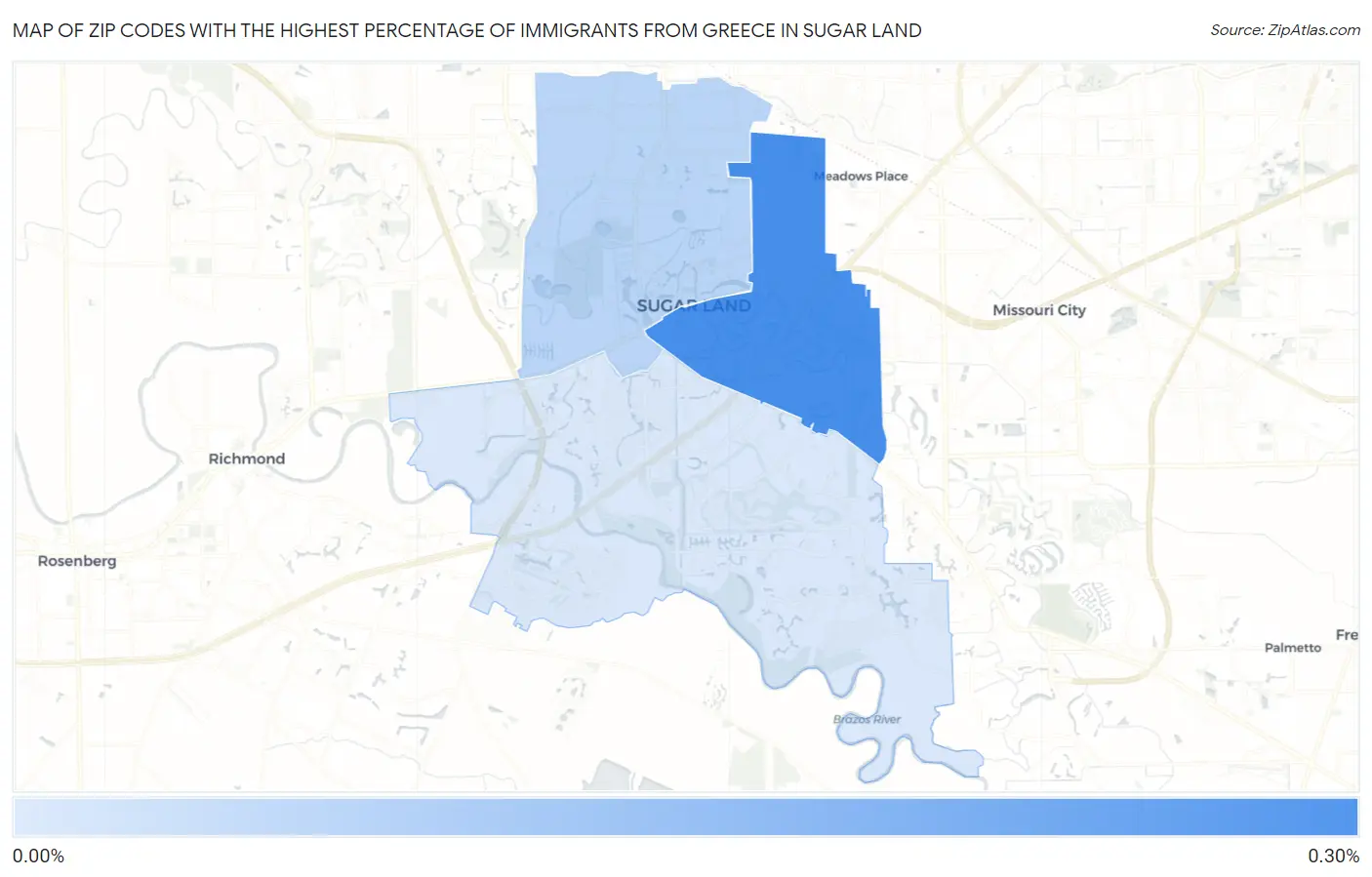 Zip Codes with the Highest Percentage of Immigrants from Greece in Sugar Land Map