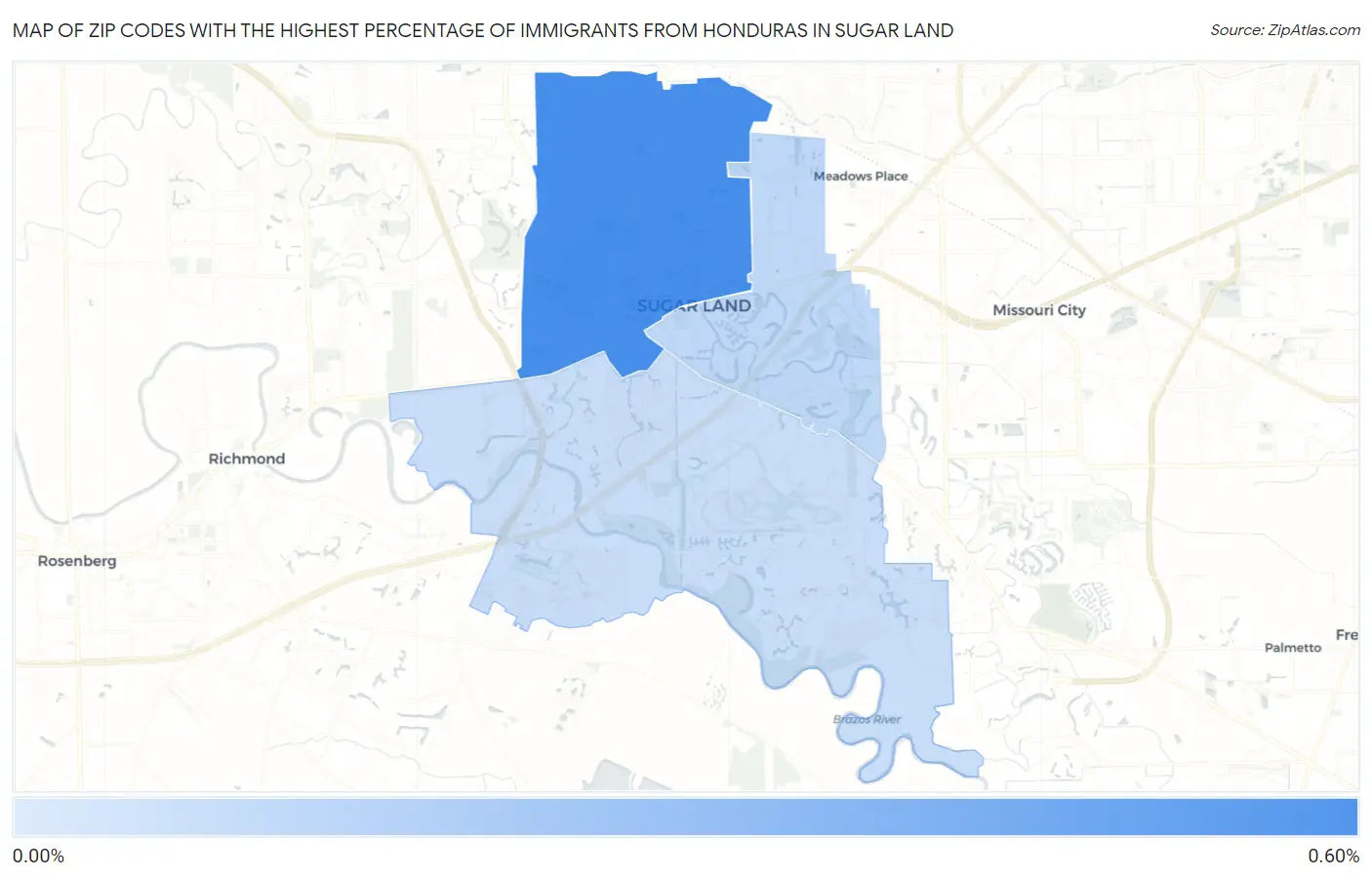 Zip Codes with the Highest Percentage of Immigrants from Honduras in Sugar Land Map