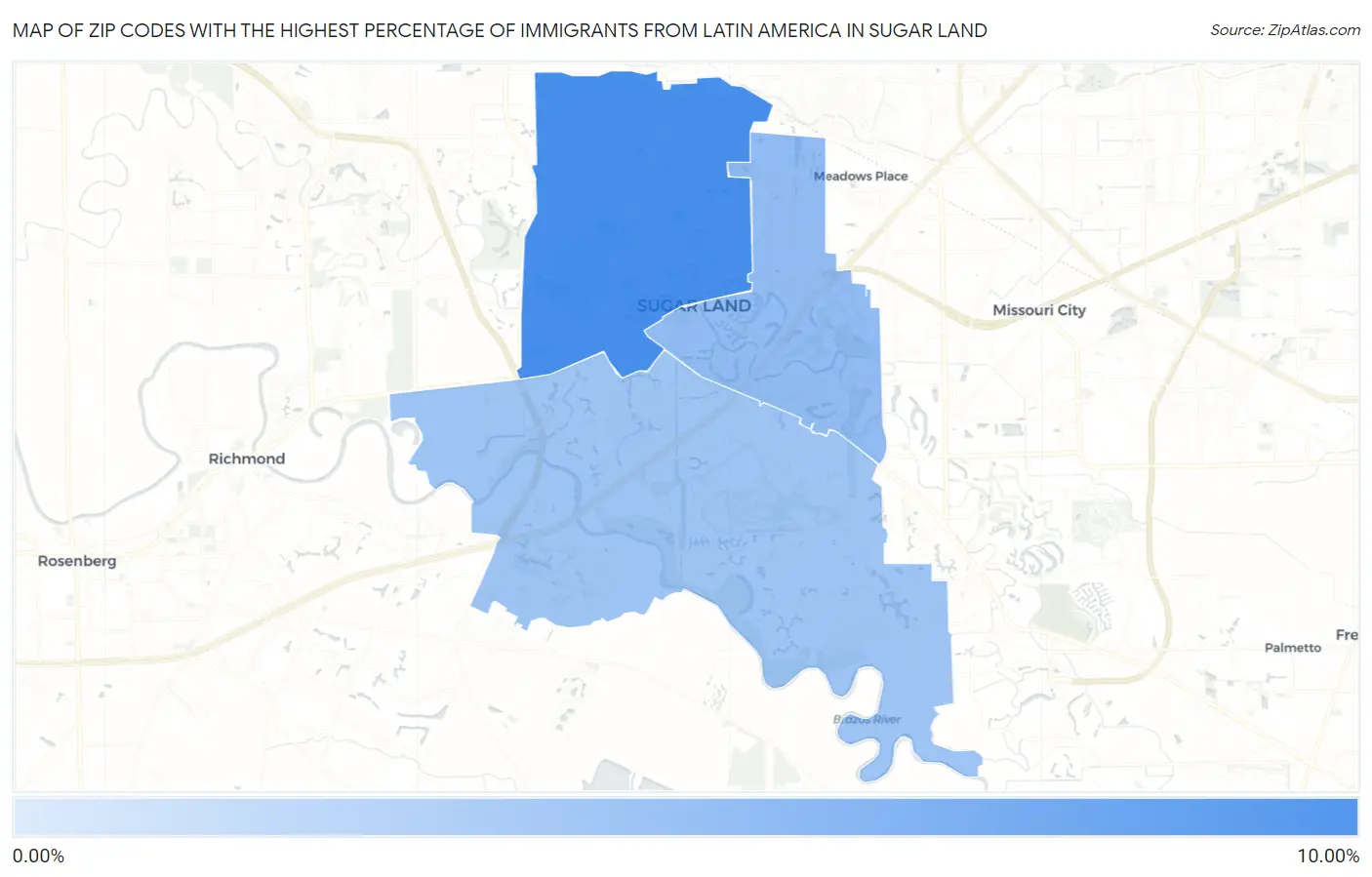 Zip Codes with the Highest Percentage of Immigrants from Latin America in Sugar Land Map
