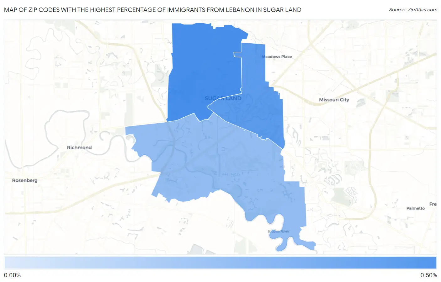 Zip Codes with the Highest Percentage of Immigrants from Lebanon in Sugar Land Map