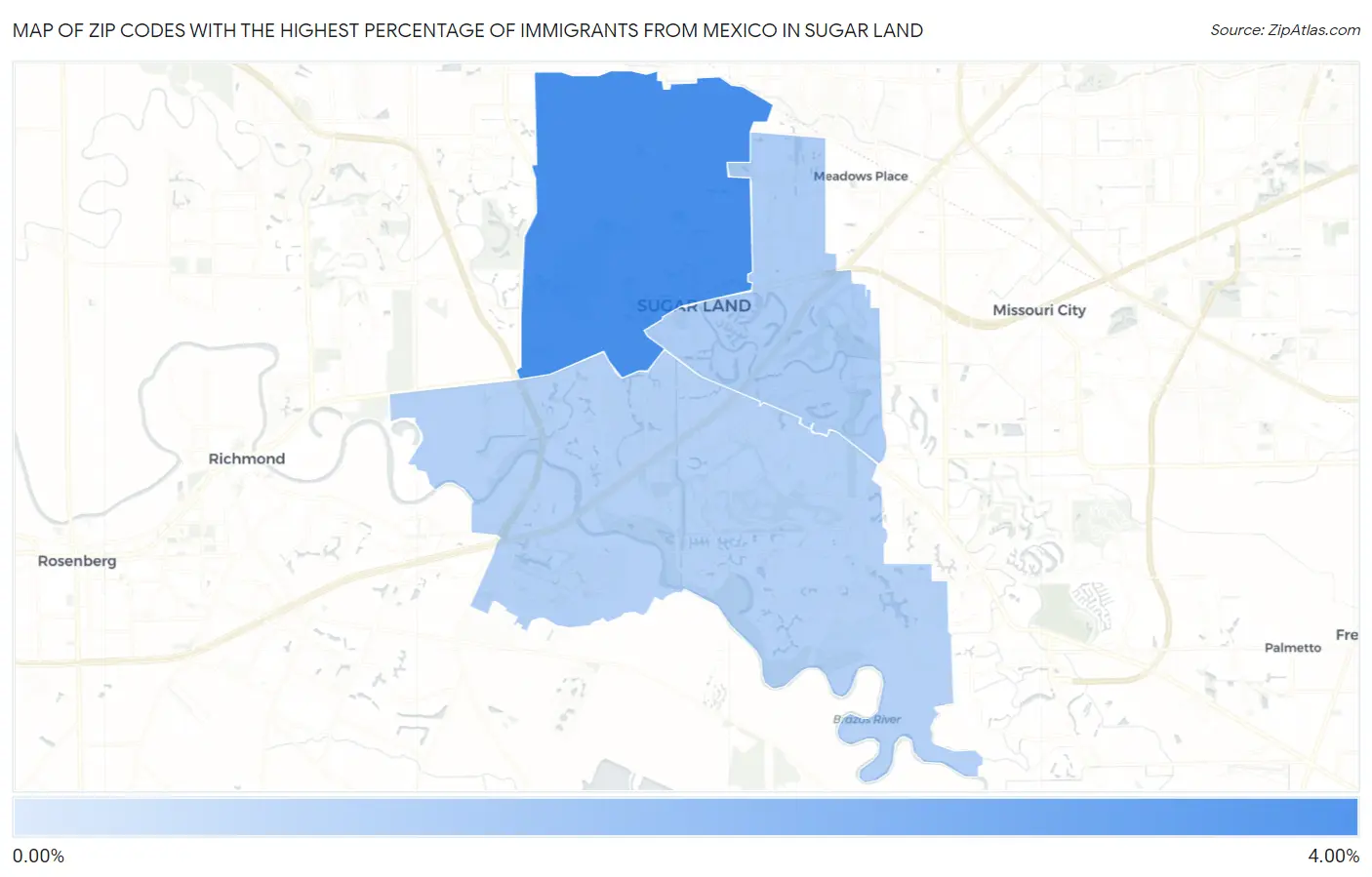 Zip Codes with the Highest Percentage of Immigrants from Mexico in Sugar Land Map