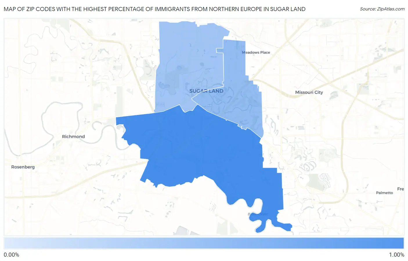 Zip Codes with the Highest Percentage of Immigrants from Northern Europe in Sugar Land Map