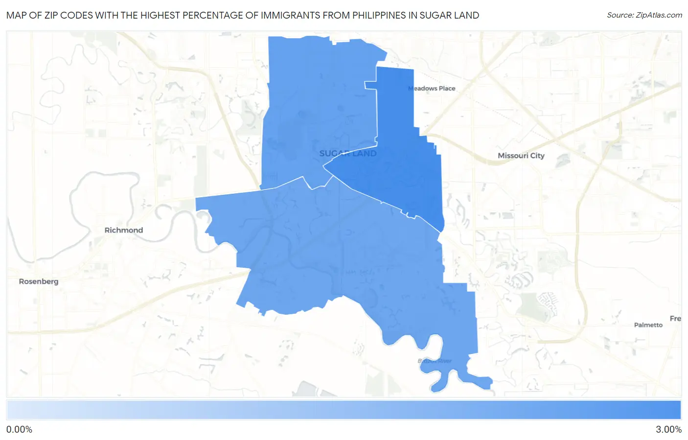 Zip Codes with the Highest Percentage of Immigrants from Philippines in Sugar Land Map