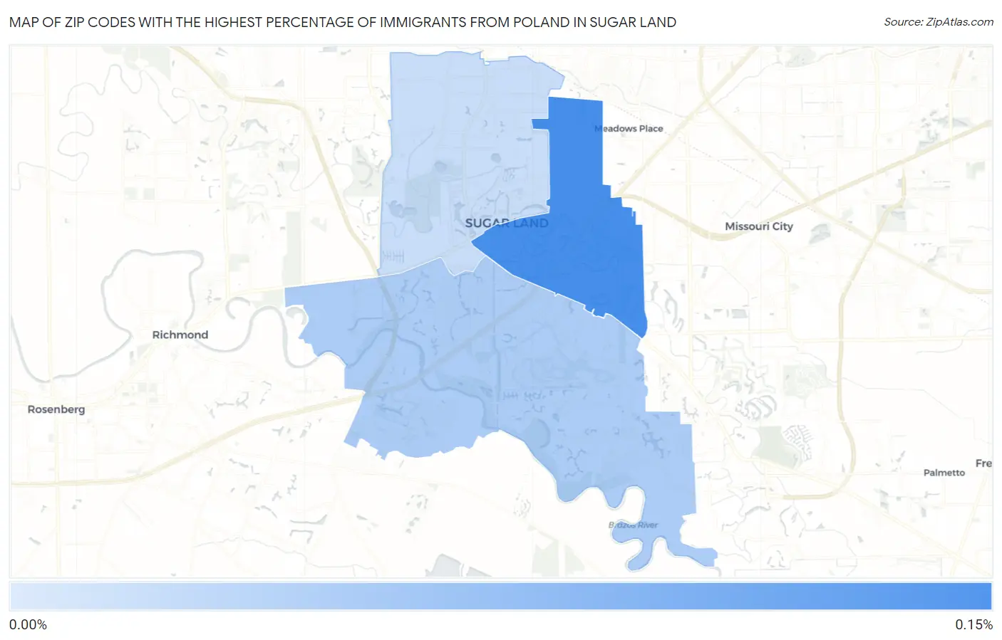 Zip Codes with the Highest Percentage of Immigrants from Poland in Sugar Land Map
