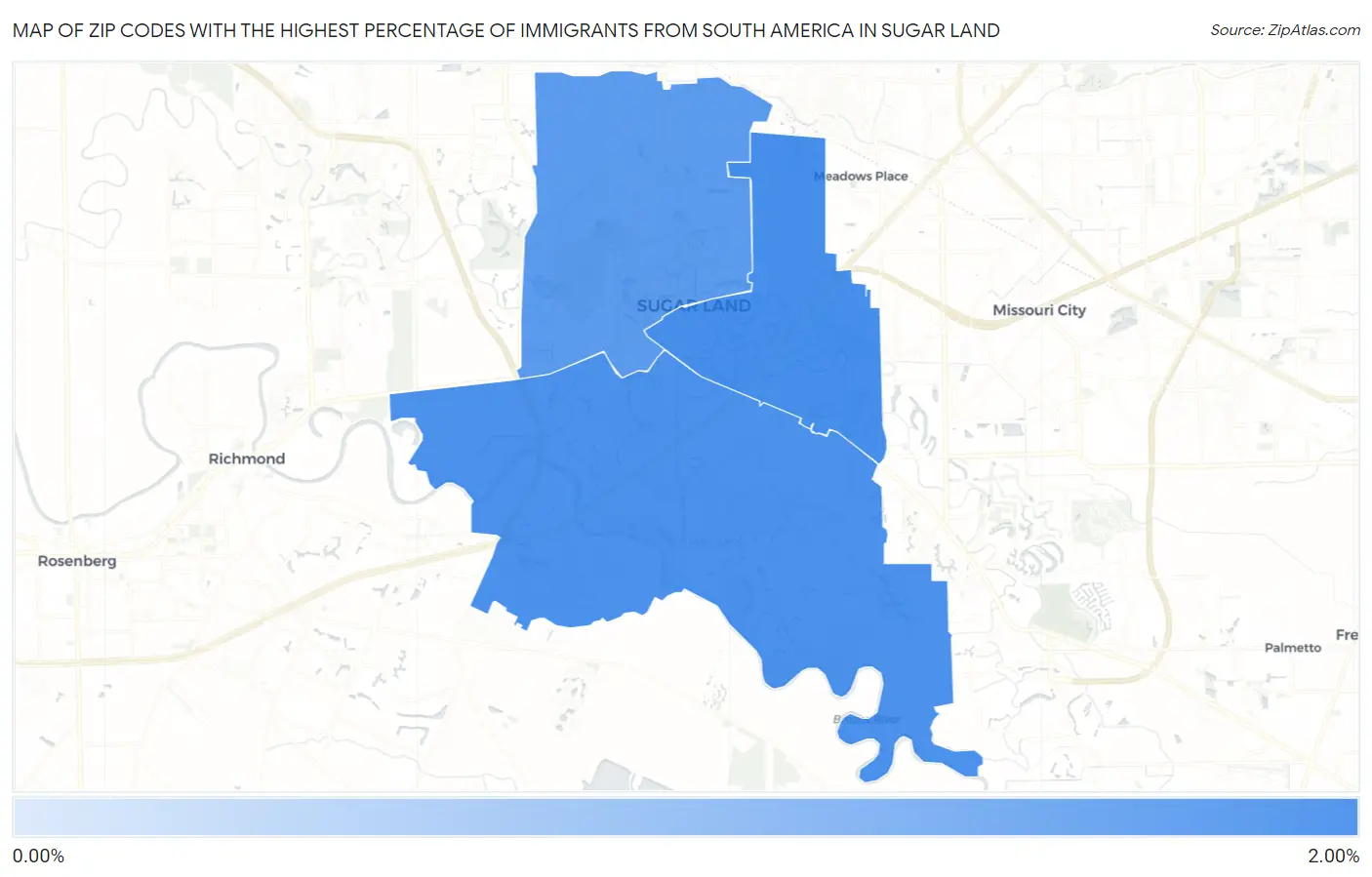Zip Codes with the Highest Percentage of Immigrants from South America in Sugar Land Map