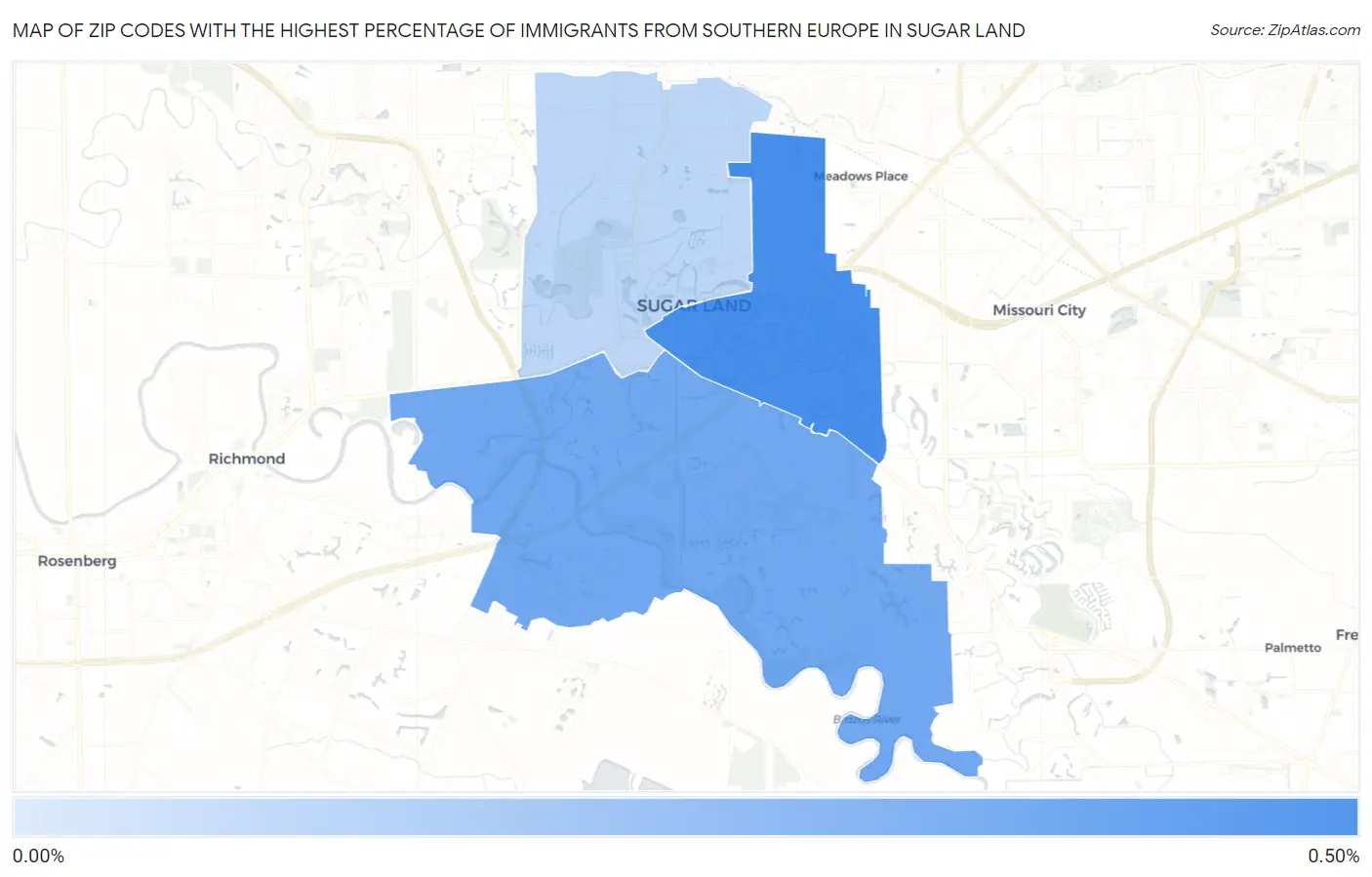 Zip Codes with the Highest Percentage of Immigrants from Southern Europe in Sugar Land Map