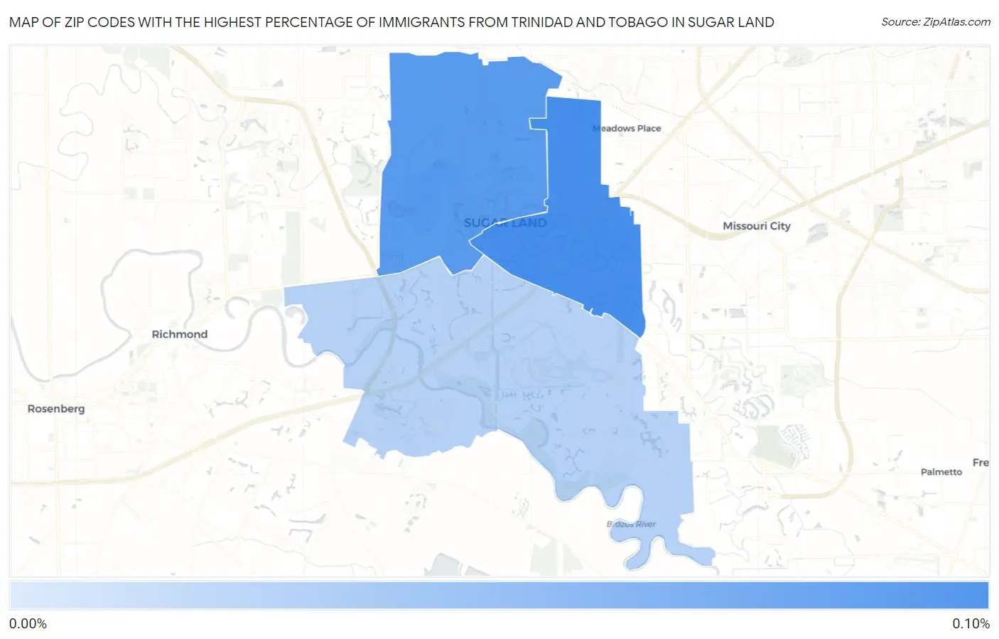 Zip Codes with the Highest Percentage of Immigrants from Trinidad and Tobago in Sugar Land Map