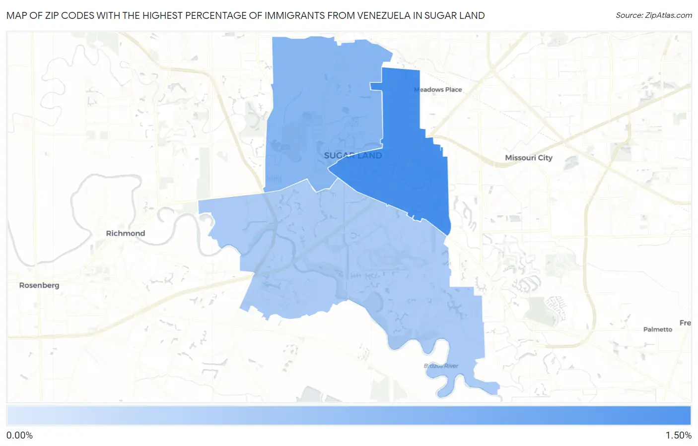 Zip Codes with the Highest Percentage of Immigrants from Venezuela in Sugar Land Map